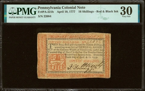 4/10/1777 Pennsylvania Colonial Note 16 Shilling PMG VF30 Red & Black Ink Fr221b Cover