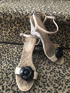 Chanel Cruise 2014 tan w black logo camellia quilted semi wedge cork sandals 40