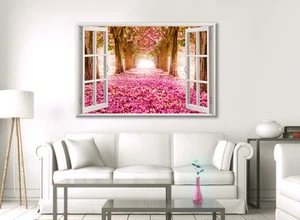 SCHÖNER ROSA BAUM BLÜTE FENSTERRAHMEN LEINWAND WANDBILD BILD NEU DRUCK A0 A1 - Bild 1 von 2