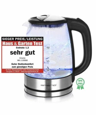 2200W Glas Edelstahl Wasserkocher 1,7 Liter kabellos Kalkfilter blaues LED Licht