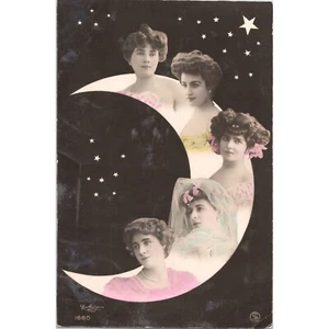 RPPC Original 1907 Real Photo Postcard Romantic Paper Moon 5 Lovely Ladies - Picture 1 of 2