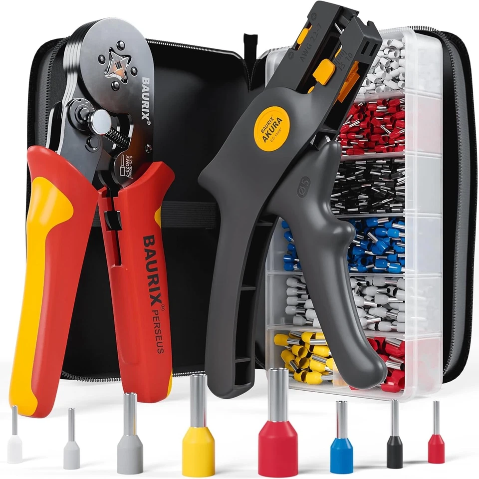 BAURIX® Crimpzange Set mit 1800 Aderendhülsen Set und Abisolierzange
