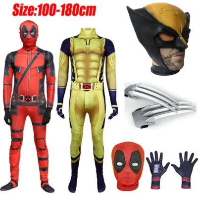 Kids Boys Deadpool Wolverine Cosplay Halloween Costume Mens Jumpsuit Headgear UK - Image 1 of 4
