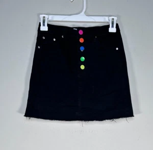 Teen Gs A-Line Denim Skirt Girls 14 Black Multicolor Button Distressed Casual - Picture 1 of 10