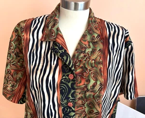 Vintage TEDDI Button Up Blouse Animal Print Paisley Abstract Large Multicolor - Picture 1 of 16