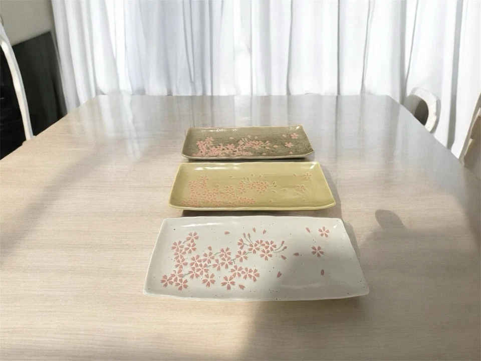 3× Japanese Stoneware Sushi, Serving Plates Cherry Blossoms 3 colors - Image 1 of 4