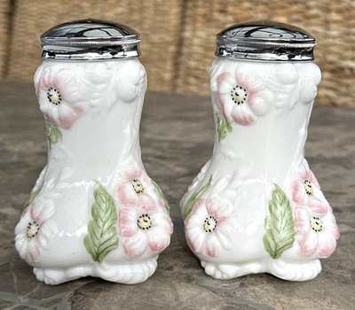 Coctelera vintage Westmoreland vidrio de leche carnaval flores pintadas a mano sal pimienta Foto 1 de 4