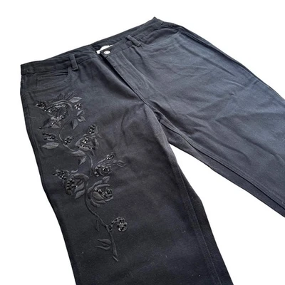 Pantalones de mezclilla acampanados Y2K Newport News negros Fairycore adornados con lentejuelas florales rosa 14 Foto 1 de 4