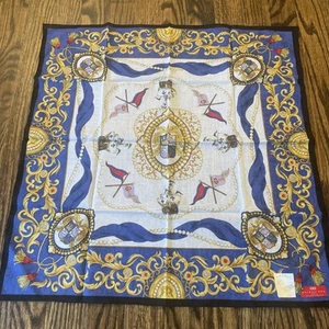 Balenciaga cotton scarf Handkerchief Vtg Blue Gold Ships Tassels 21” NWT - Picture 1 of 6