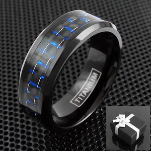 Black Titanium Men's Blue Carbon Fiber Inlaid Center Band Ring Sizes 9-13 - Picture 1 of 8