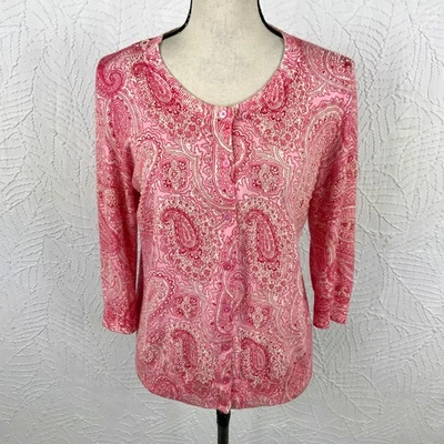 Talbots 毛衣粉色佩斯利串珠开衫 L 码娇小 3/4 袖经典 — 第 1/4 张图片