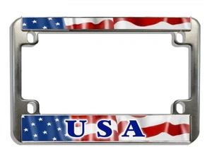 USA American Flag MOTORCYCLE License Plate Frame Chrome Metal For 4" x 7" Plates - Picture 1 of 1