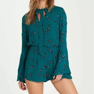 Billabong Standing Pretty Romper Size M Green Animal Print Boho Bell Sleeve Tie - Picture 1 of 15