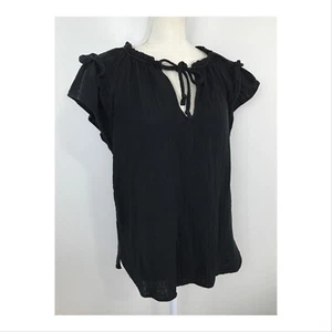 Gap Women Blouse Small Tall Tie Front Flutter Cap Sleeve Gauze 100% Cotton Black - Picture 1 of 8