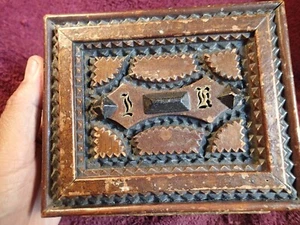 ANTIQUE 1800-s HANDMADE TRAMP ART WOOD BOX w LOCK & MIRROR SWEDEN SWEDISH - Picture 1 of 8