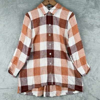 Мягкое окружение льняной смеси Carreaux рубашка женщин L оранжевый имбирь на пуговицах - Изображение 1 из 4