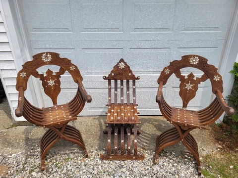 ANTIQUE VINTAGE 1800'S SAVONAROLA CHAIR SET MOTHER OF PEARL INLAY SYRIAN MOORISH Cover