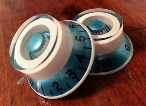 4 Guitar Top Hat volume/tone knobs. Blue Metallic/White. JAT CUSTOM GUITAR PARTS - Picture 1 of 6