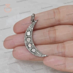 Dije de diamantes Polki talla rosa natural plata de ley 925 diamante luna colgante - Imagen 1 de 8