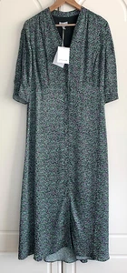 Jigsaw grün Ditsy Print V-Ausschnitt vorne durchgehend geknöpft Maxi Tee Kleid UK 12 neu mit Etikett - Bild 1 von 8