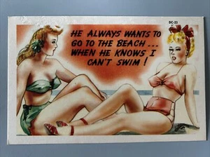 25 1960’s SEXY COMIC POSTCARDS He Always Wants To Go To The Beach … I Can't Swim - Imagen 1 de 4