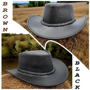 Men's Women's Mesh Cowboy Hat Real Leather Australian Western Style Braided Band - Picture 1 of 15