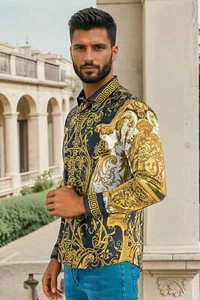 Barabas Men's Greek Pattern Medusa rhinestone Shirts B286ST - Picture 1 of 24