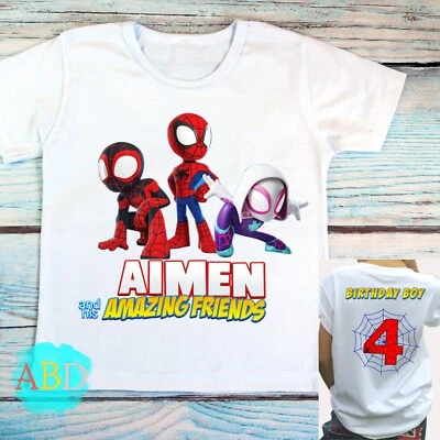 AISHABAILEYDESIGNS Personalised Spidey and Friends Kids Birthday T-shirt