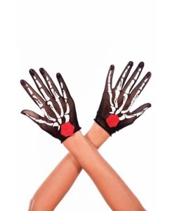 Brandneu Skelettdruck und Satin Rose Fischernetz Handschuhe Musik Beine 429 - Bild 1 von 2