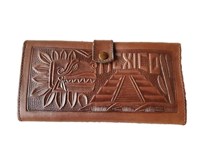 Mexican Hand Tooled Brown Leather Tri-fold Wallet w/ Guitar & Sombrero - Picture 1 of 4