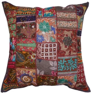 24 " Khambadia Indian Embroidery Patchwork Cushion/Pillow Throw Cover Dark Grey - Picture 1 of 5