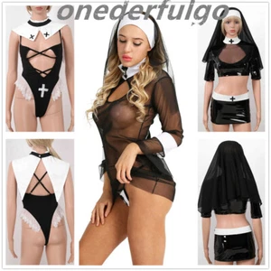 Adult Women Naughty Nun Cosplay Fancy Dress Costume Crop Top Bodycon Skirt Sets - Picture 1 of 34