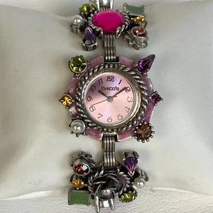 Chico's Watch Women 29mm Silver Tone Pink Dial Green Purple New Battery 7.25" - Picture 1 of 20