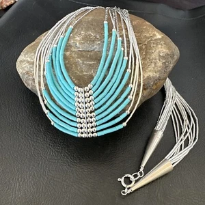 Navajo blau Türkis 10er Sterlingsilber Röhre Heishi Halskette 22" 16448 - Bild 1 von 12