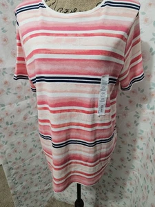 CROFT & BARROW, DAMEN NEU KORALLE/WEISS BAUMWOLLE KURZÄRMELIG GESTREIFT T-SHIRT GRÖSSE 0X - Bild 1 von 7