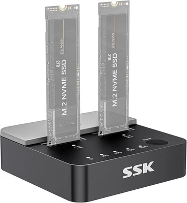 SSK DK201 NVMe Cloner M.2 Duplicator Dual Bay Enclosure Tool-Free 20Gbps USB3.2 - Image 1 of 4