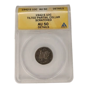 1942-S Mercury Dime 10c Tilted Partial Collar Scratched Graded ANACS AU 50 14B15 - Picture 1 of 4