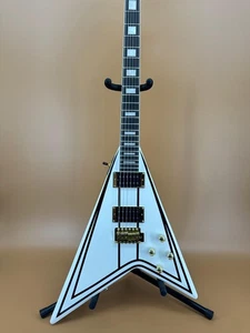 chitarra elettrica bianca volante V corpo mogano 2H pickup hardware dorato - Foto 1 di 15