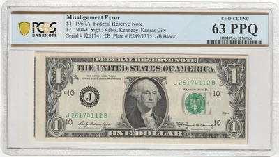 1969A $1 FRN ~ ERROR ~ 2nd PLATE SHIFT MISALIGNMENT ~ PCGS 63 SN# J  2617 4112 B - Image 1 of 3