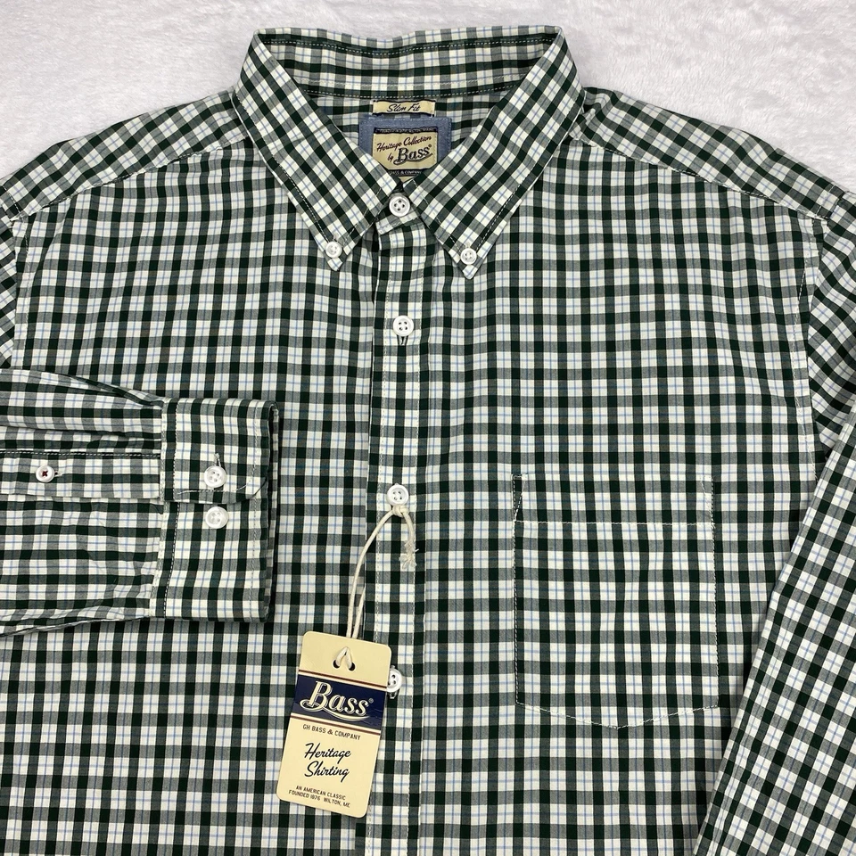 BASS Heritage Collection  Shirt Mens Large Green/White/Blue Checks Slim Fit NWT! - Image 1 of 4