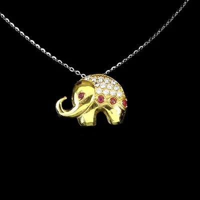 925 Sterling Silver Necklace Round Ruby Natural Gemstone Elephant Jewelry 18in - Image 1 of 4