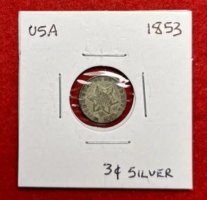 1853 Three 3 Cent 3C Silver Trime US Antique Coin - Picture 1 of 2
