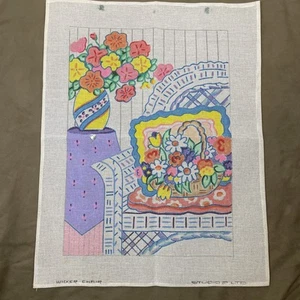 Studio 2 Handpainted Needlepoint Canvas Wicker Chair Porch Still Life 16x22" - Picture 1 of 9