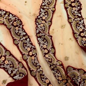 Pre-owned Heavy Peach Net Hand Embroidered Designer By Anamika Khanna Dupatta - Picture 1 of 20