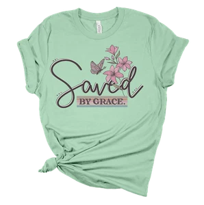 Womens Christian Tshirt Inspirational Saved By Grace Christian T-shirt - Picture 1 of 3