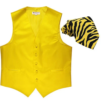 New Men's Formal Vest Tuxedo Waistcoat Yellow with Yellow zebra tie wedding prom - Image 1 of 4