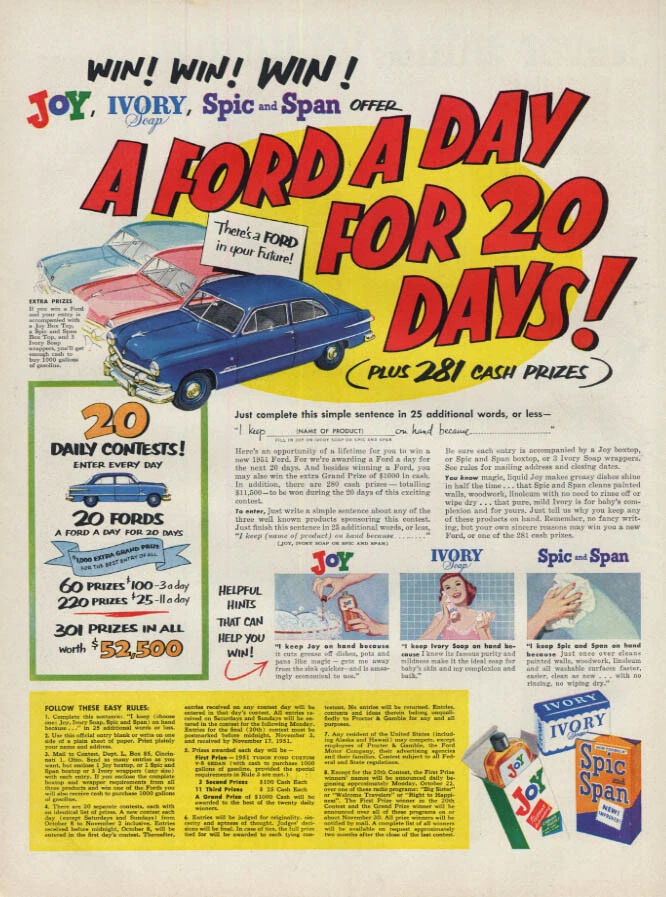 A Ford a Day for 20 Days! Joy Ivory Soap Spic & Span Contest ad 1951 L - Image 1 of 1