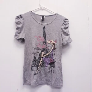 Lily Bleu Designer Girls Gray Paris Graphic Print Tee Shirt Top Size L 14 - Picture 1 of 8