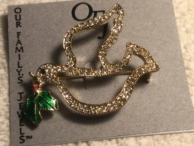 Christmas Dove Pin/ Brooch-Gold Tone with clear Rhinestones & Holly Leaves - Image 1 of 4