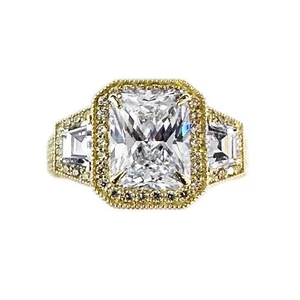 14K YELLOW GOLD RADIANT AND ROUND MOISSANITE ENGAGEMENT RING HALO PRONG SET 4.00 - Picture 1 of 12